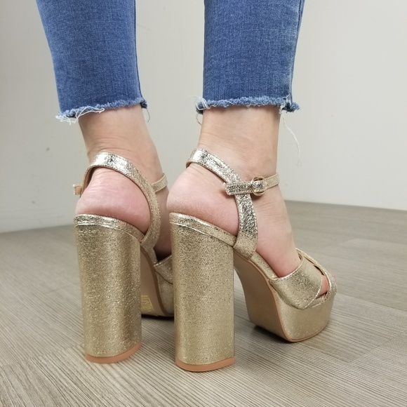 Metallic Gold Open Toe Platform Heels- BB - Picture 6 of 8